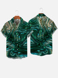 Psychedelic Abstract Green Fluid Pattern Printing Breast Pocket Short Sleeve Shirt