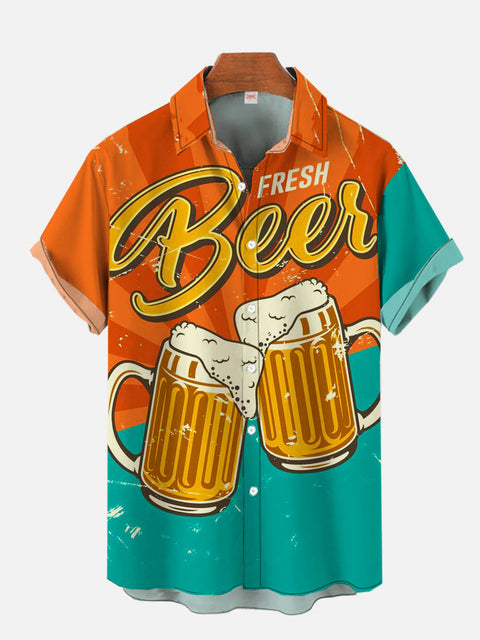 Retro Orange And Cyan Contrast Beer Poster Printing Short Sleeve Shirt