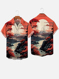 Ukiyo-E Japanese Style Red Rising Sun Auspicious Clouds And Mountain Scenery Printing Short Sleeve Shirt