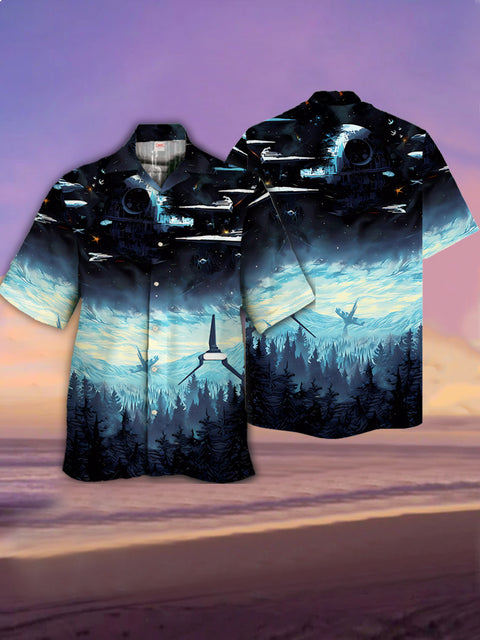 Eye-Catching Blue Forest Space Signal Receiver And Mysterious Planet Printing Cuban Collar Hawaiian Short Sleeve Shirt