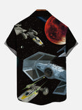 Sci-Fi Fire Red Planet And Spaceship In Black Sparkling Star Space Printing Short Sleeve Shirt