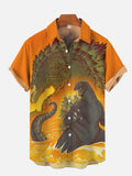 Ukiyo-E Monster Art Orange Sea Of Fire And Monster Godzilla Printing Short Sleeve Shirt