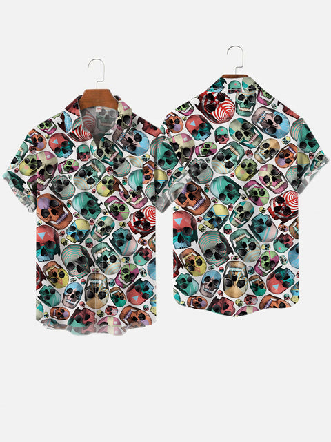Hand Drawing Colored Skull Pattern Printing Breast Pocket Short Sleeve Shirt