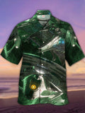 Eye-Catching Green Sci-Fi World Base And Spaceship Printing Cuban Collar Hawaiian Short Sleeve Shirt