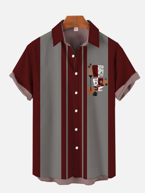 Retro Red Brown And Gray Stripes And Medieval Tribal Tikis Printing Short Sleeve Shirt