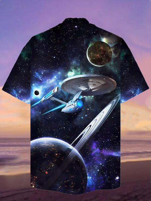 Eye-Catching Fashion Cosmic Galaxy Planet Spaceship Printing Cuban Collar Hawaiian Short Sleeve Shirt