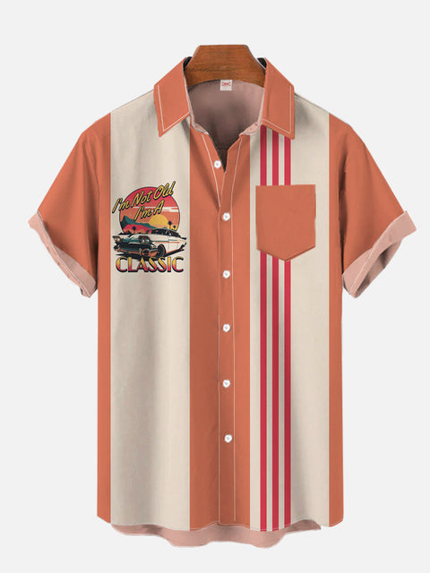 50S Coral Stripes And Classic Hawaiian Sunset Retro Car Pattern Printing Breast Pocket Short Sleeve Shirt