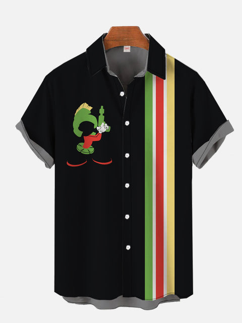 Retro Black And Multicolor Stripes And Cartoon Soldier Printing Short Sleeve Shirt