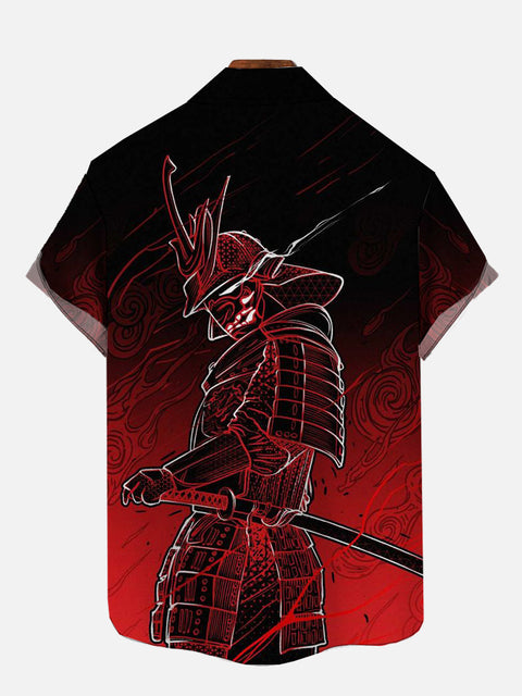 Ukiyo-E Red Gradient Cloud Background And Mysterious Warrior Printing Short Sleeve Shirt