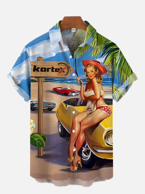 Vintage Pin Up Girl Poster Bikini Girl And Yellow Retro Car Printing Short Sleeve Shirt
