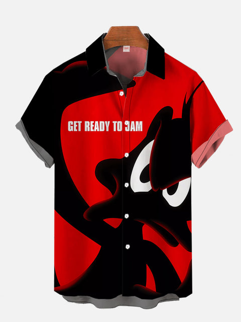 Black And Red Spliced Cartoon Duck Character Silhouette Printing Short Sleeve Shirt