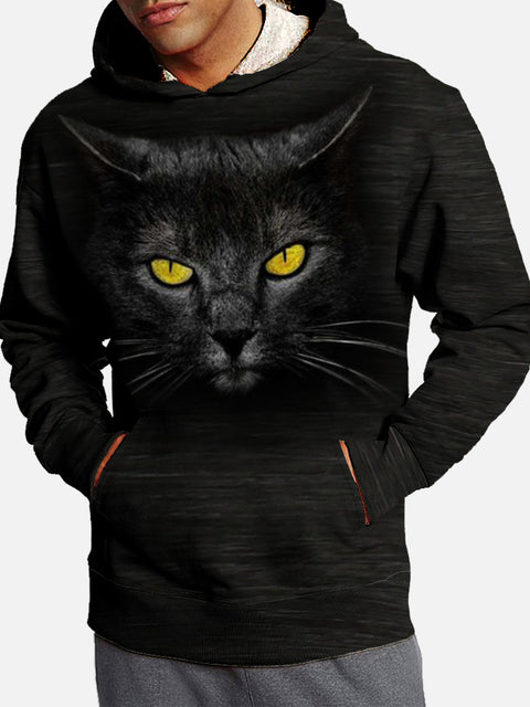Black Cool Animal Yellow Eyed Black Cat Printing Hooded Sweatshirt