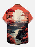 Ukiyo-E Japanese Style Red Rising Sun Auspicious Clouds And Mountain Scenery Printing Short Sleeve Shirt