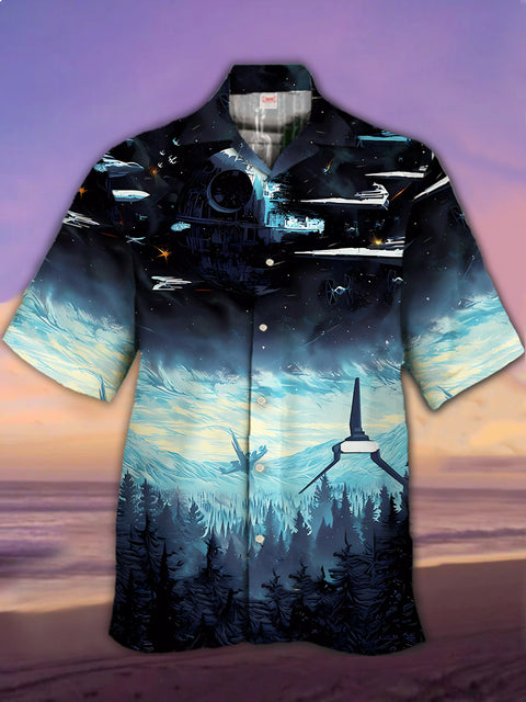 Eye-Catching Blue Forest Space Signal Receiver And Mysterious Planet Printing Cuban Collar Hawaiian Short Sleeve Shirt