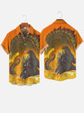 Ukiyo-E Monster Art Orange Sea Of Fire And Monster Godzilla Printing Short Sleeve Shirt