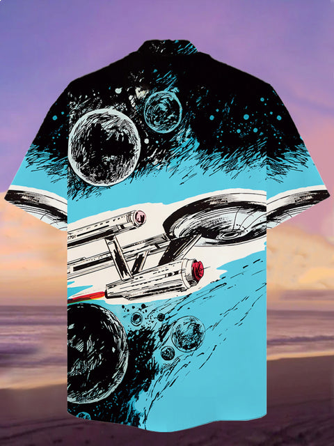 Eye-Catching Hand Drawn Blue Space Galaxy And Spaceship Printing Cuban Collar Hawaiian Short Sleeve Shirt