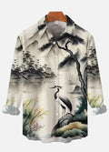 Ukiyo-E Color Ink Painting Art Mysterious Oriental Crane And Pine Printing Long Sleeve Shirt