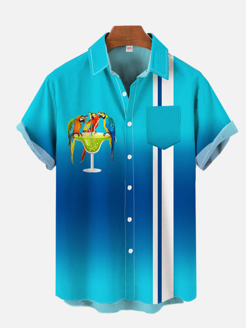 Hawaiian Blue Gradient Parrots And White Stripe Printing Breast Pocket Short Sleeve Shirt