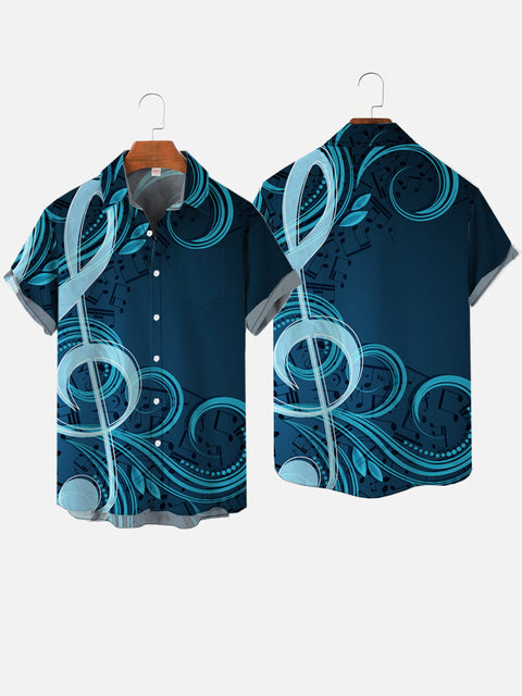 Fashion Hawaiian Blue Art Music Elements Notes Printing Breast Pocket Short Sleeve Shirt