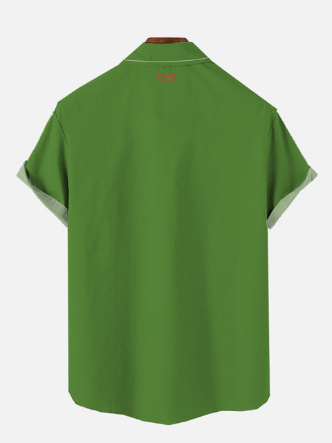 Retro Green Stitching Medieval Style Retro Car Printing Breast Pocket Short Sleeve Shirt