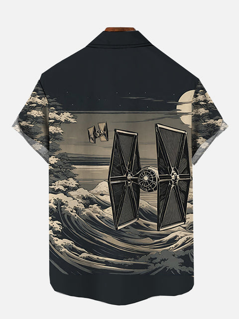 Ukiyo-E Art Sci-Fi Space War Waves And Space Fighters Printing Short Sleeve Shirt