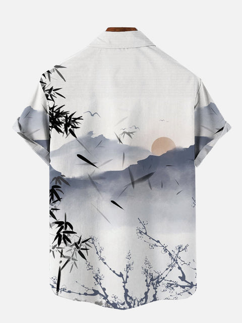 Mysterious Oriental Classic Ink Painting Bamboo Forest Plum Blossoms And Distant Mountains Printing Short Sleeve Shirt