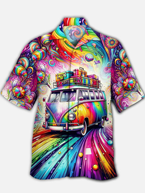 Eye-Catching Rainbow Psychedelic Bus And Balloons Printing Cuban Collar Hawaiian Short Sleeve Shirt
