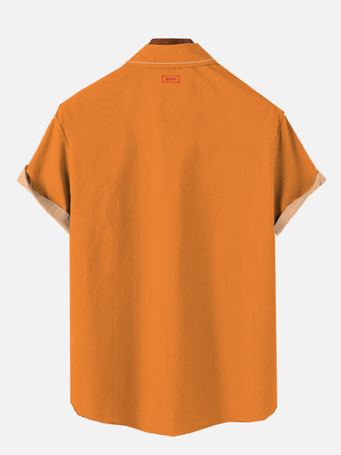 50s Retro Classic Yellow And Orange Striped Desert Sports Car Printing Breast Pocket Short Sleeve Shirt