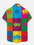 Color Block Splicing Cartoon Alien Invader Printing Breast Pocket Short Sleeve Shirt