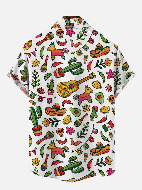 Cinco De Mayo Cartoon Mexican Elements And People In Mexican Costumes Printing Breast Pocket Short Sleeve Shirt