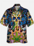 Eye-Catching Psychedelic Carnival Mutated Skull And Leaves Printing Cuban Collar Hawaiian Short Sleeve Shirt