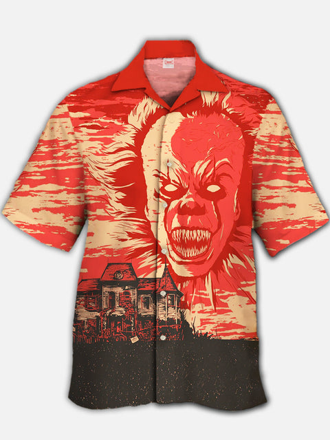 Eye-Catching Red Sci-Fi Horror Weirdo And Villa Printing Cuban Collar Hawaiian Short Sleeve Shirt