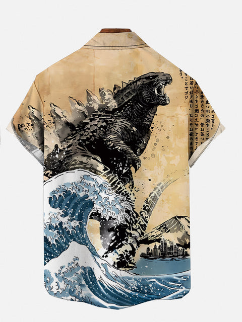 Ancient Painting Ukiyo-E Godzilla With Ocean Waves Personalized Printing Short Sleeve Shirt