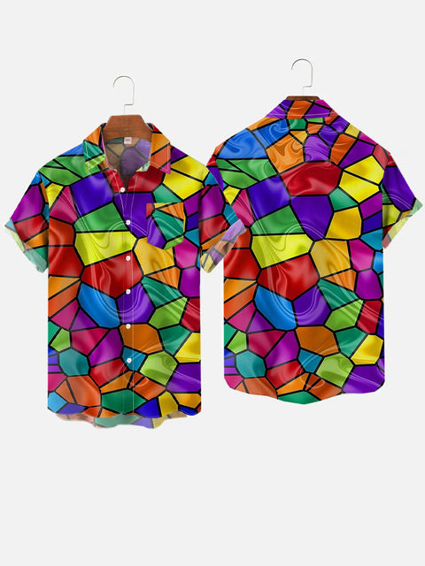 Fashion Casual Rainbow Glass Pattern Printing Breast Pocket Short Sleeve Shirt
