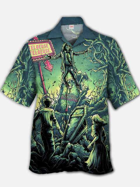 Eye-Catching Green Psychedelic Mutated Tree And Weirdo Printing Cuban Collar Hawaiian Short Sleeve Shirt