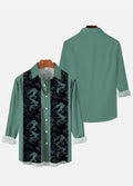 Retro Black And Green Stitching Ukiyoe Dragon Printing Long Sleeve Shirt