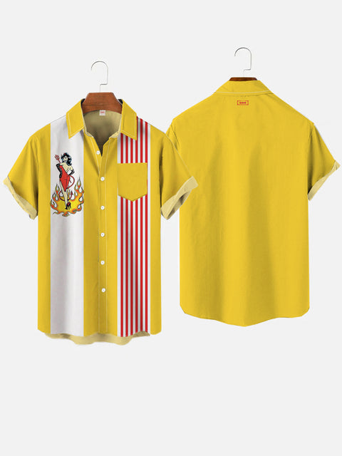 Retro 50s Yellow And White Stitching Stripes And And Flame Witch Printing Breast Pocket Short Sleeve Shirt