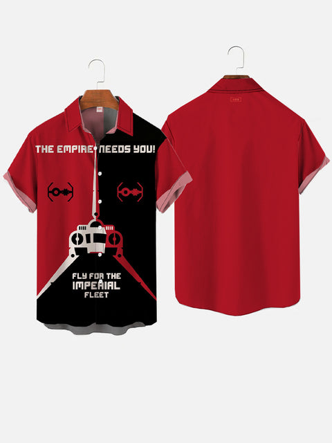 Red And Black Spliced Retro Poster Sci-Fi Spaceship Fleet Printing Short Sleeve Shirt
