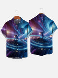 Sci-Fi Psychedelic Galaxy Shuttle Spaceship Printing Breast Pocket Short Sleeve Shirt