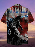Eye-Catching Vintage Wall Painting American Flag And Thunder Godzilla Printing Cuban Collar Hawaiian Short Sleeve Shirt