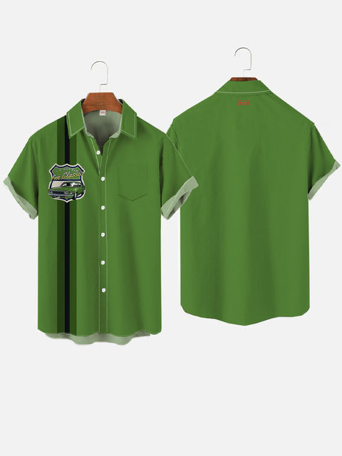 Retro Green Stitching Medieval Style Retro Car Printing Breast Pocket Short Sleeve Shirt