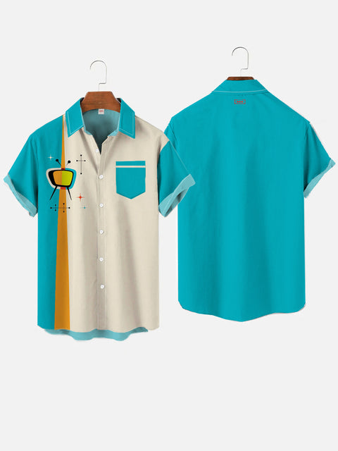 Retro Cyan And Wheat Contrast Color Mid Century Modern Geometric Pattern Printing Breast Pocket Short Sleeve Shirt