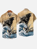 Ancient Painting Ukiyo-E Godzilla With Ocean Waves Personalized Printing Short Sleeve Shirt