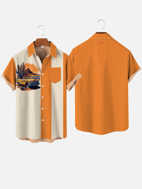 50s Retro Classic Yellow And Orange Striped Desert Sports Car Printing Breast Pocket Short Sleeve Shirt