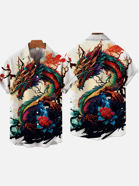 Full Color Ink Splashing Giant Dragon Printing Short Sleeve Shirt