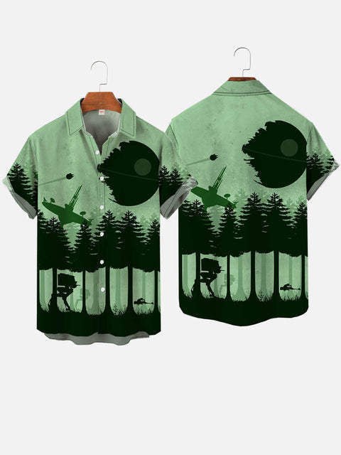 Green Technological Psychedelic Satellite In The Forest Printing Short Sleeve Shirt