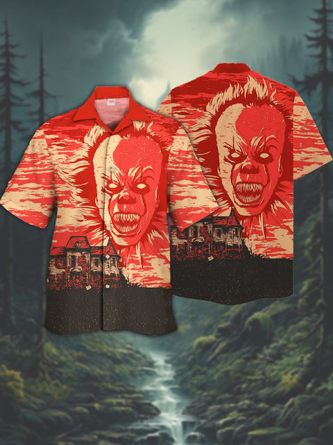 Eye-Catching Red Sci-Fi Horror Weirdo And Villa Printing Cuban Collar Hawaiian Short Sleeve Shirt