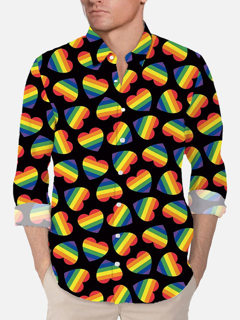 Valentine’s Day Rainbow Doodle Style Cute Hearts On Black Printing Long Sleeve Shirt