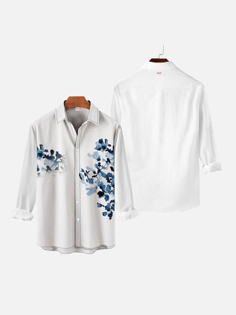 Mysterious Oriental Artistic Ink Drawing Floral Printing Long Sleeve Shirt