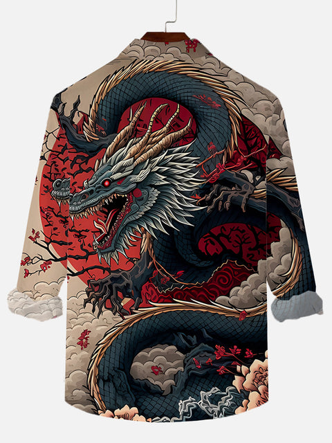 Ukiyo-e Curvy Great Angry Dragons Fire Printing Long Sleeve Shirt